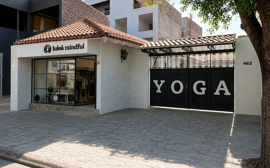 Frente del estudio en Paso de los Andes 462: el portón negro con la palabra YOGA